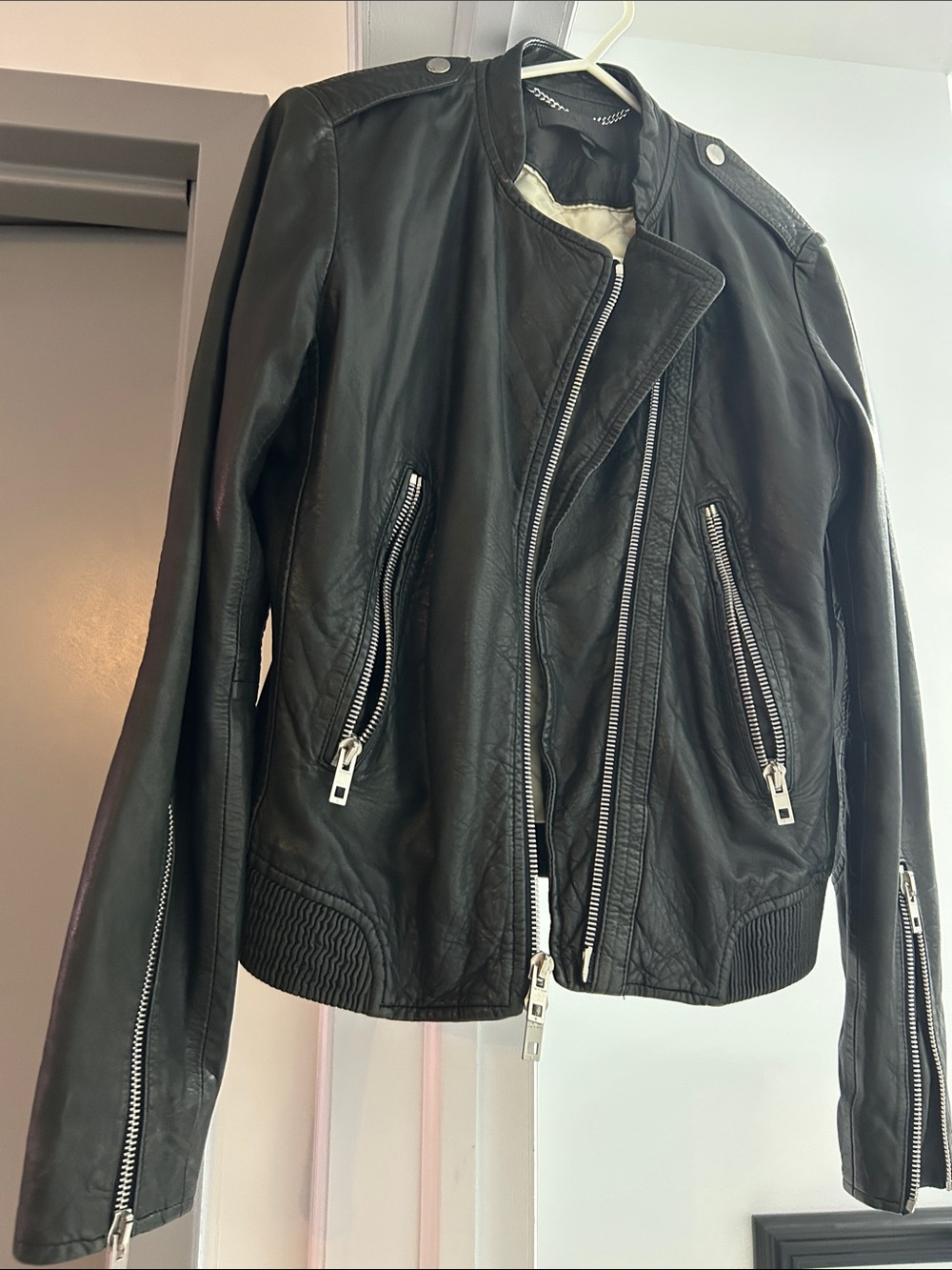 rag & bone Black Leather Moto Jacket with Silver Hardware